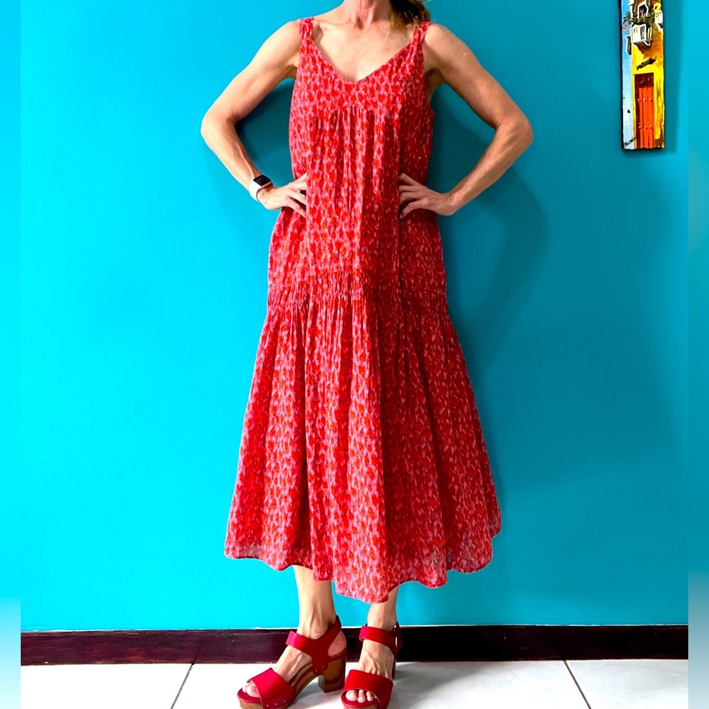 Joie Red and White Tiered Midi Sundress sz M